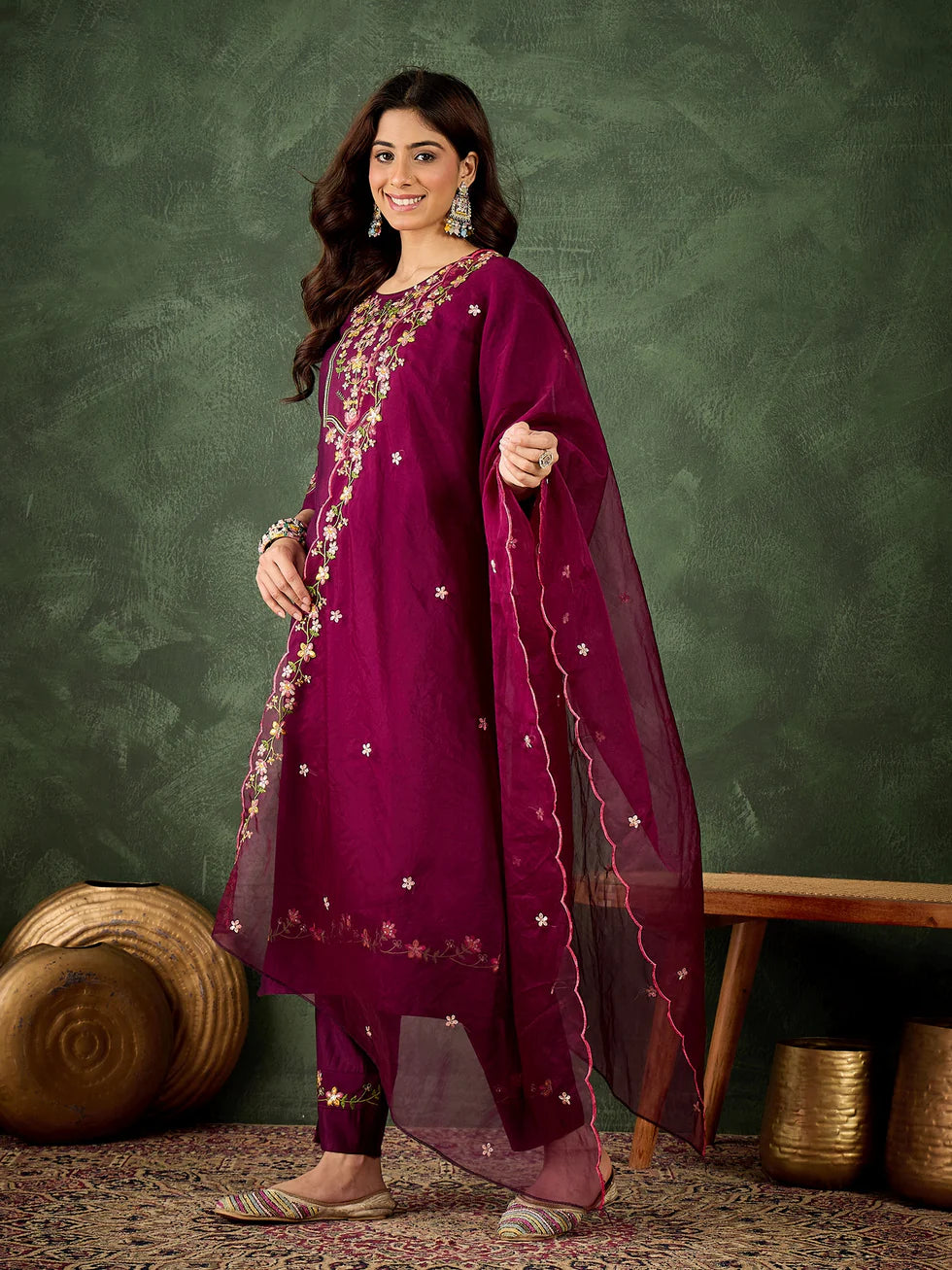 Floral Embroidered Silk Blend Round Neck Kurta Trouser & Dupatta Set