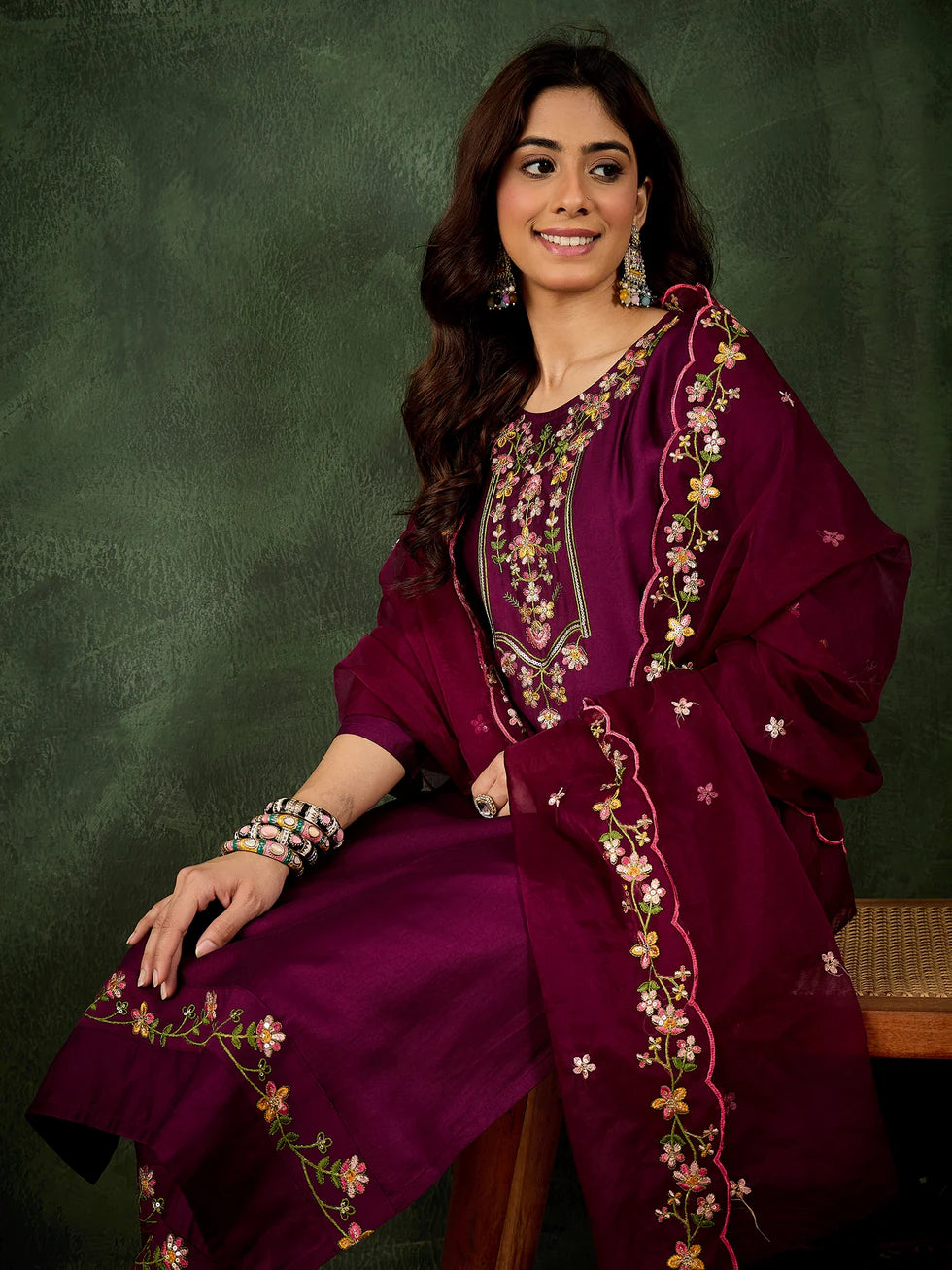 Floral Embroidered Silk Blend Round Neck Kurta Trouser & Dupatta Set