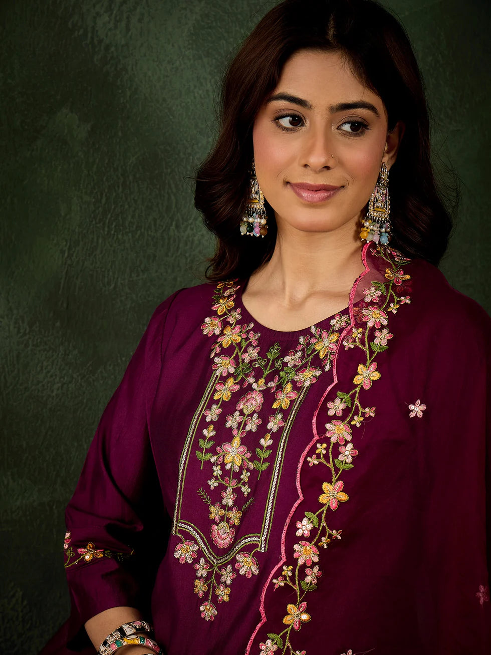 Floral Embroidered Silk Blend Round Neck Kurta Trouser & Dupatta Set