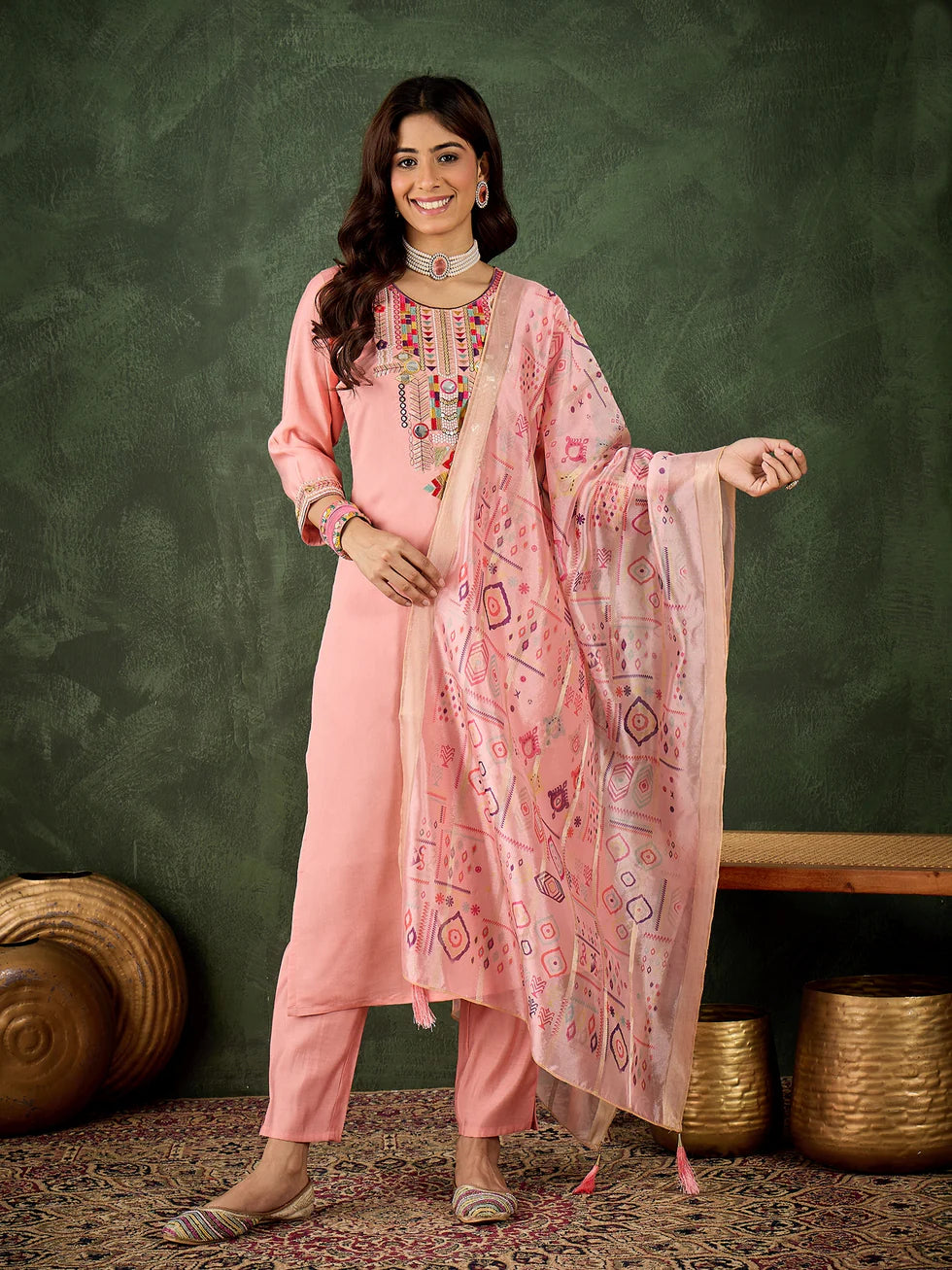 Floral Embroidered Silk Kurta Set