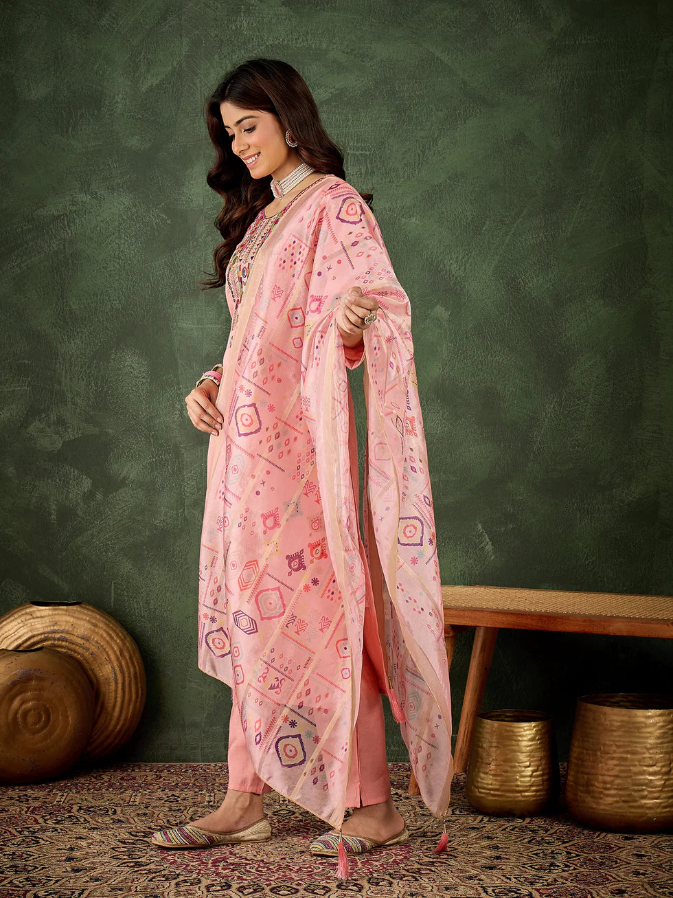 Floral Embroidered Silk Kurta Set