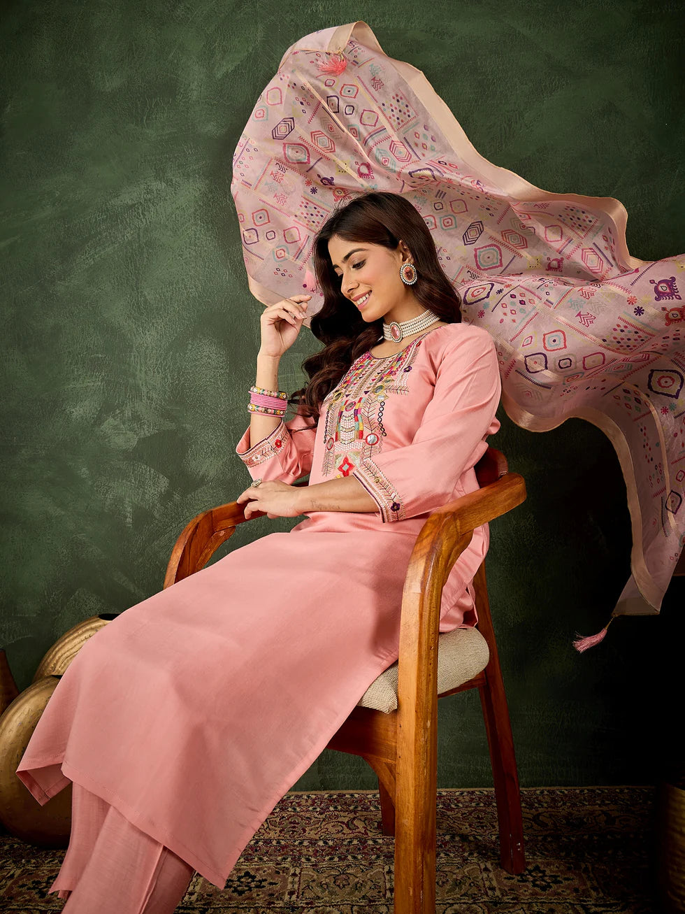 Floral Embroidered Silk Kurta Set