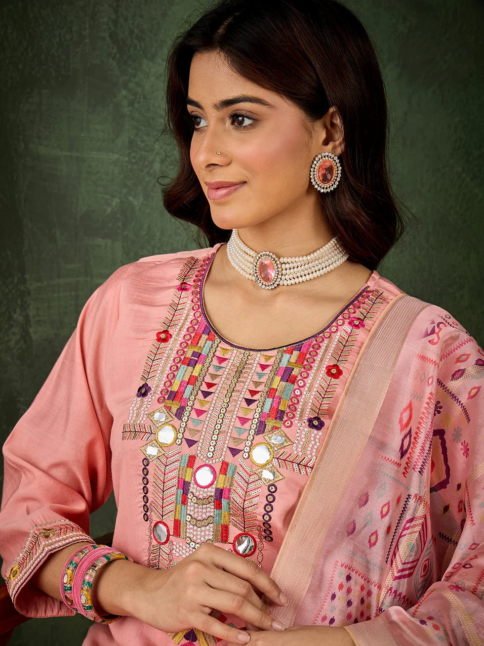 Floral Embroidered Silk Kurta Set