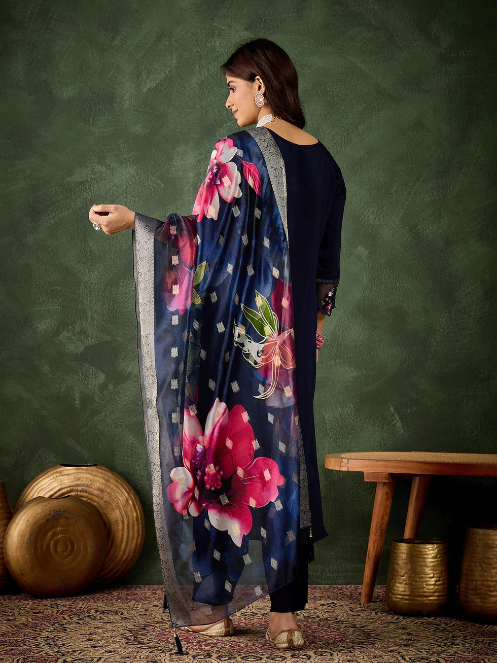 Floral Embroidered Silk Round_Neck Kurta Trouser & Dupatta Set