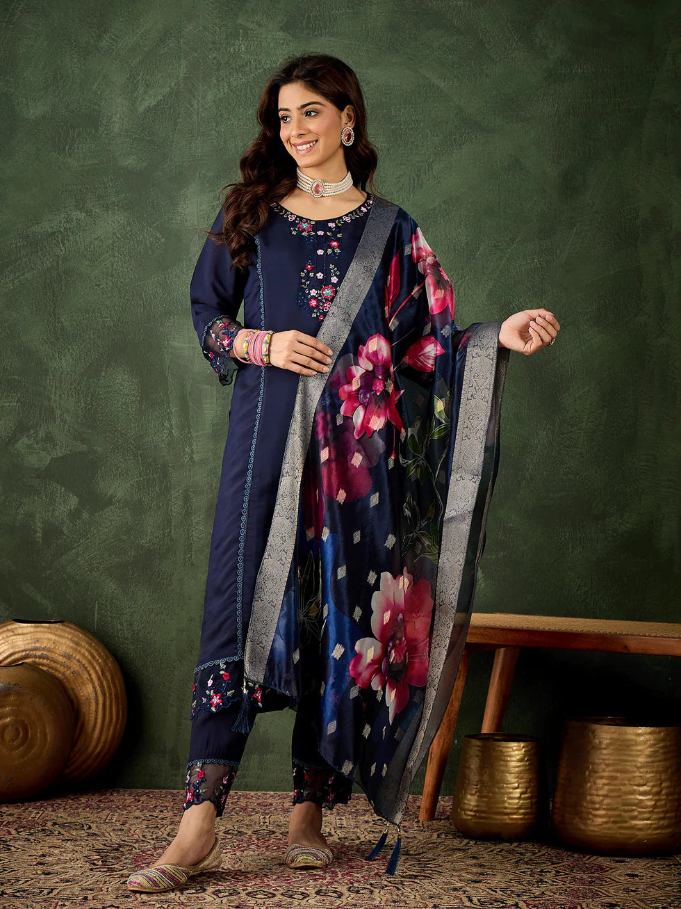 Floral Embroidered Silk Round_Neck Kurta Trouser & Dupatta Set