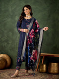 Floral Embroidered Silk Round_Neck Kurta Trouser & Dupatta Set