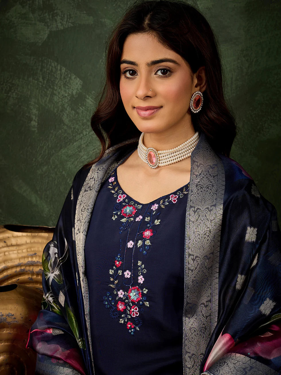 Floral Embroidered Silk Round_Neck Kurta Trouser & Dupatta Set