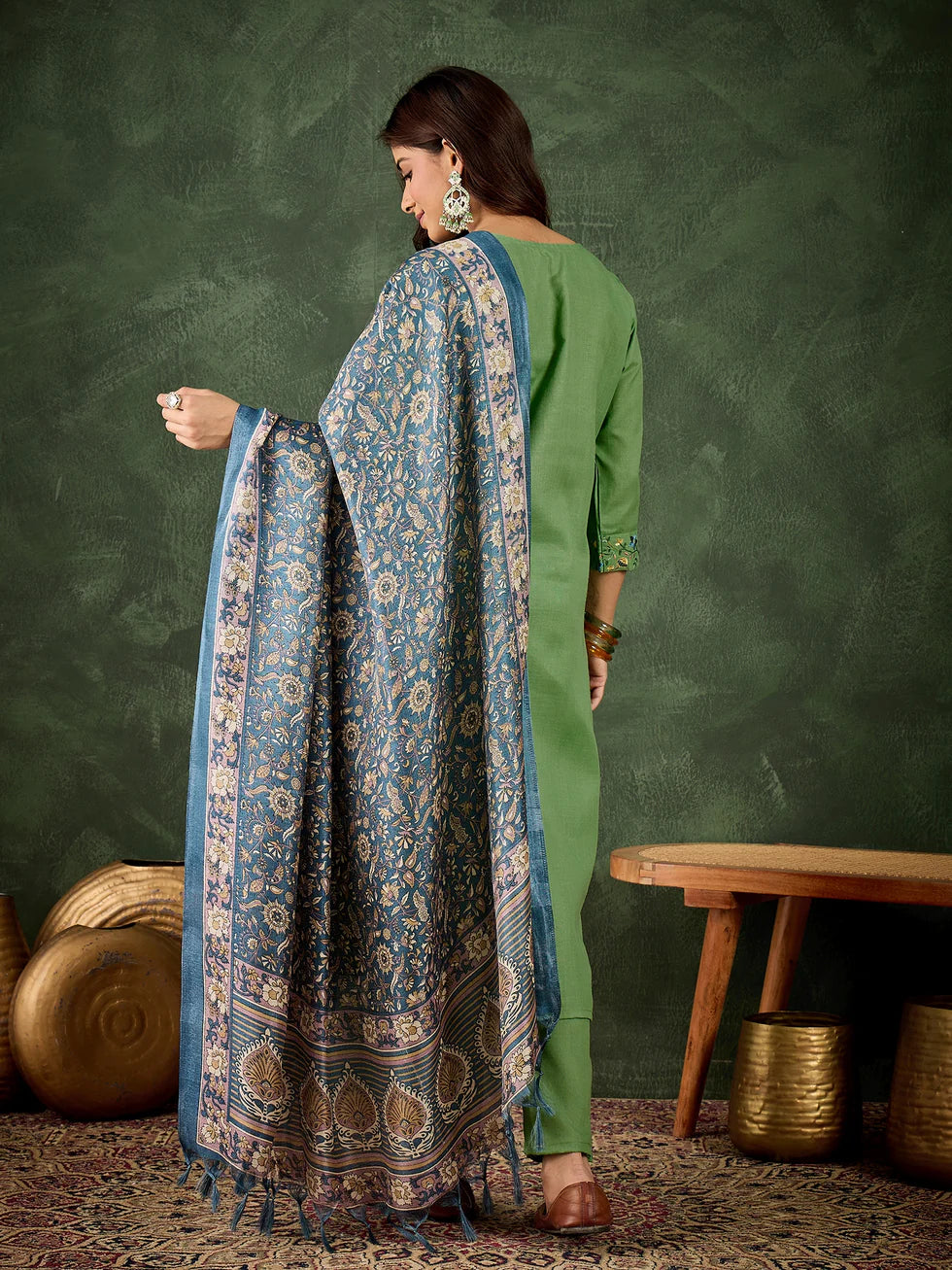 Floral Embroidered Cotton Blend V Neck Kurta Trouser & Dupatta Set