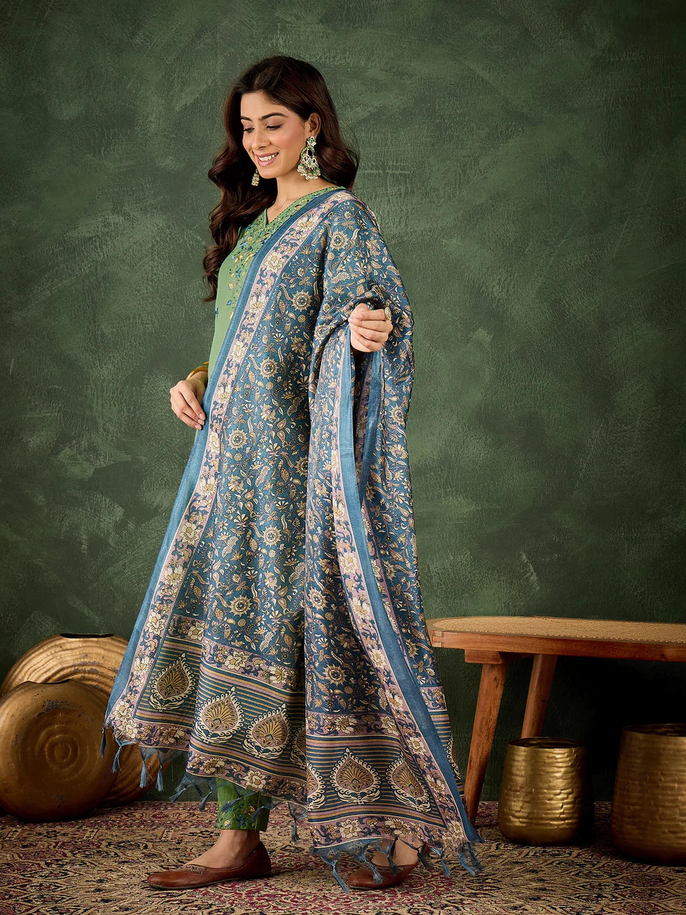 Floral Embroidered Cotton Blend V Neck Kurta Trouser & Dupatta Set