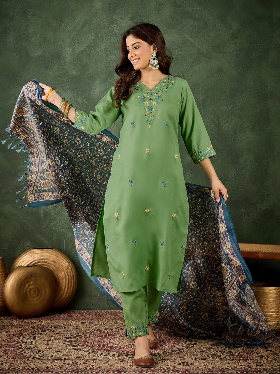 Floral Embroidered Cotton Blend V Neck Kurta Trouser & Dupatta Set