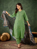 Floral Embroidered Cotton Blend V Neck Kurta Trouser & Dupatta Set