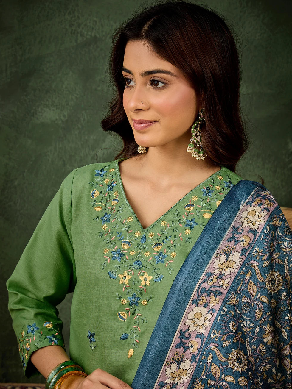 Floral Embroidered Cotton Blend V Neck Kurta Trouser & Dupatta Set