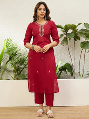 Ishanvi Women's Red Festive Embroidered Yoke Straight Kurta Pant Set