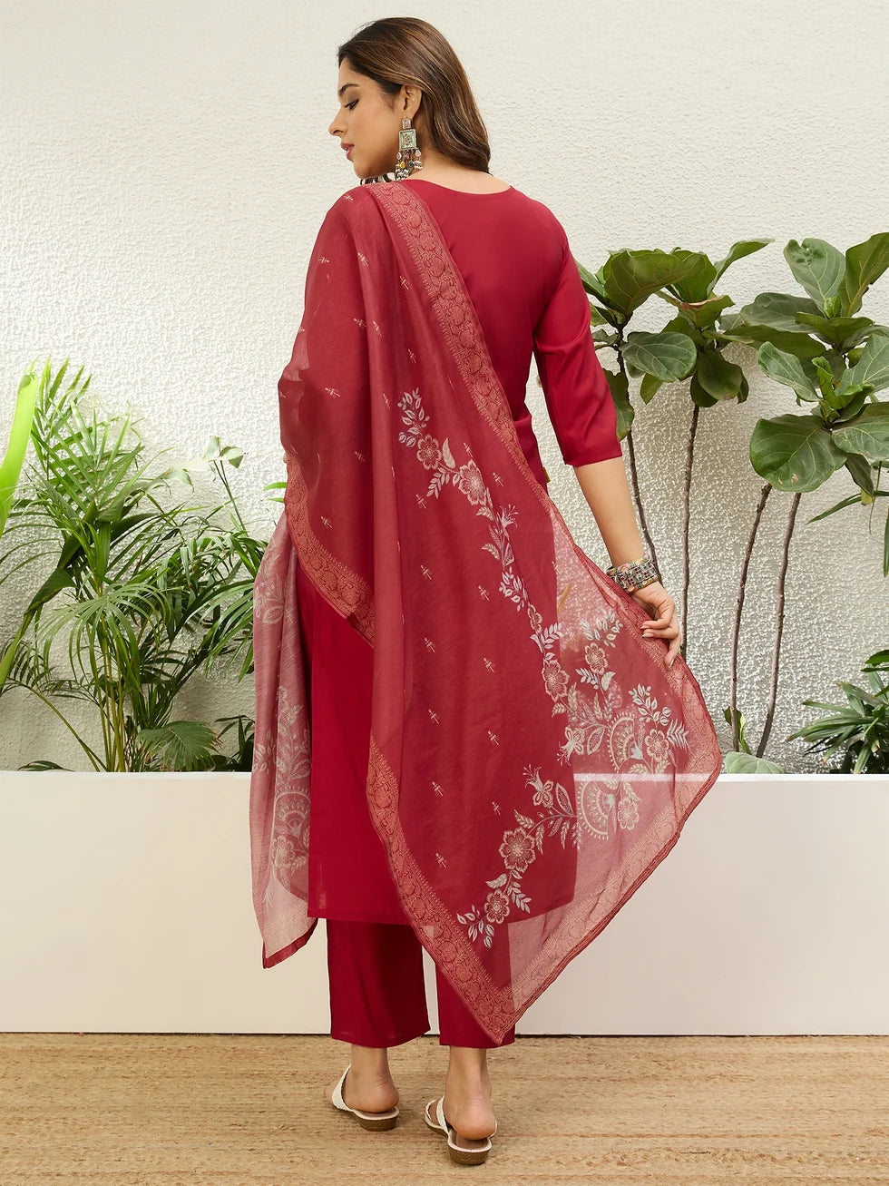 Ishanvi Women's Red Festive Embroidered Yoke Straight Kurta Pant Set