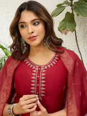 Ishanvi Women's Red Festive Embroidered Yoke Straight Kurta Pant Set