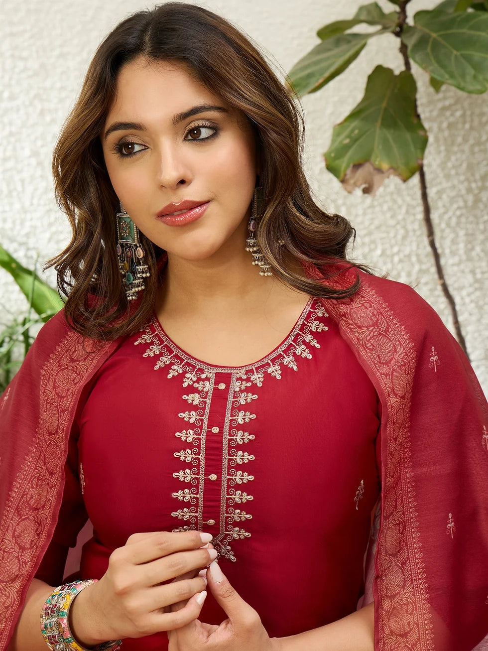 Ishanvi Women's Red Festive Embroidered Yoke Straight Kurta Pant Set