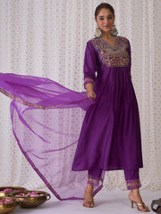 Purple Embroidered A-Line Kurta Trousers With Dupatta Set