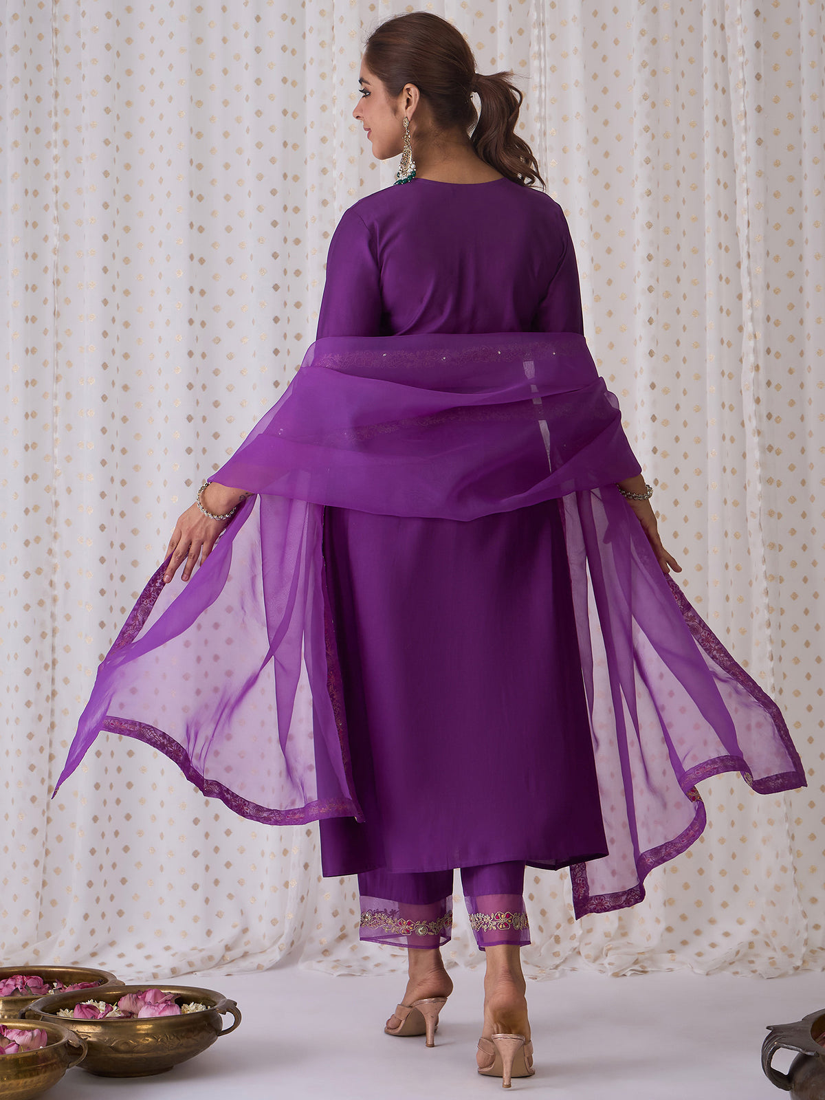 Purple Embroidered A-Line Kurta Trousers With Dupatta Set