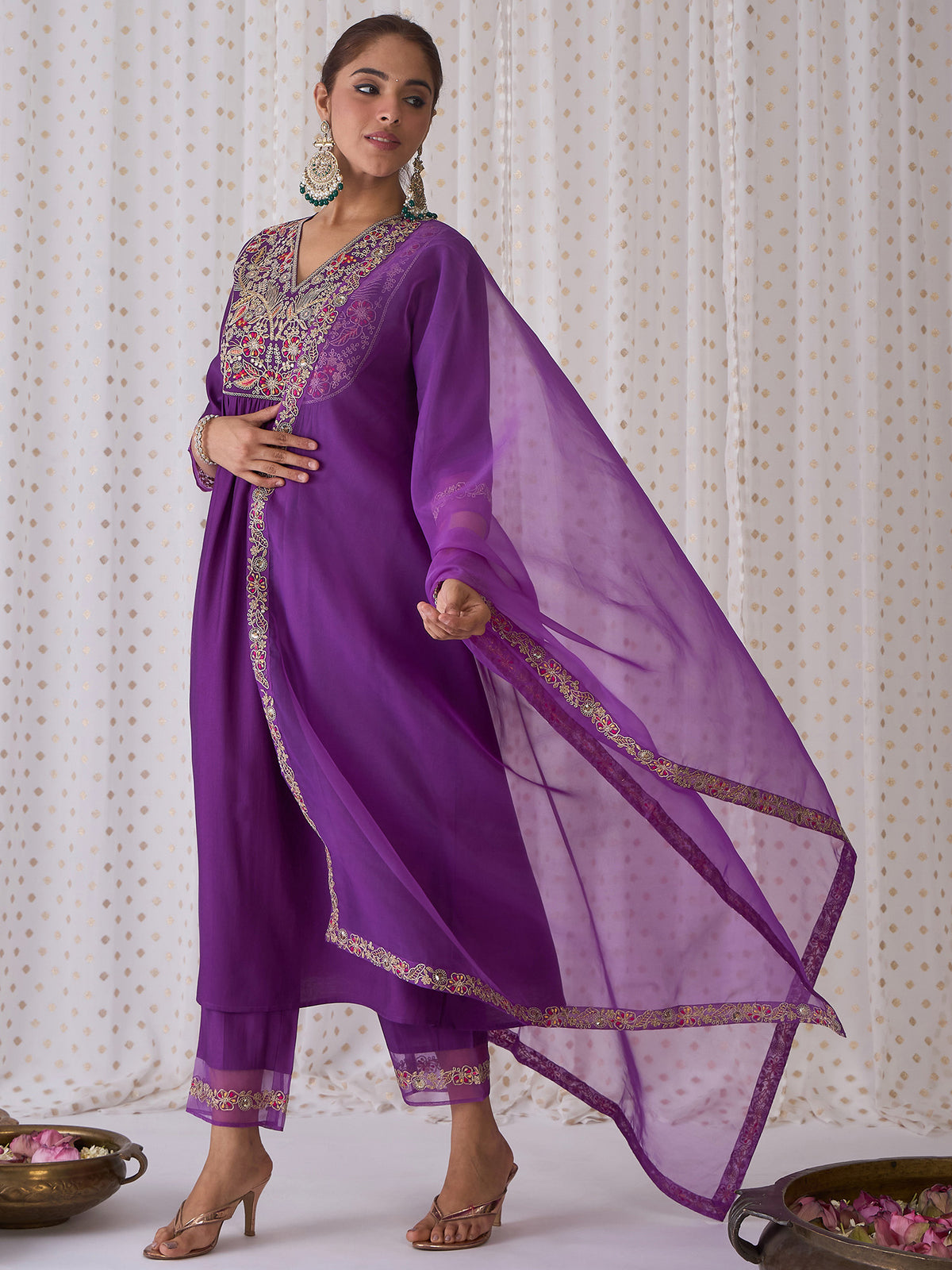 Purple Embroidered A-Line Kurta Trousers With Dupatta Set