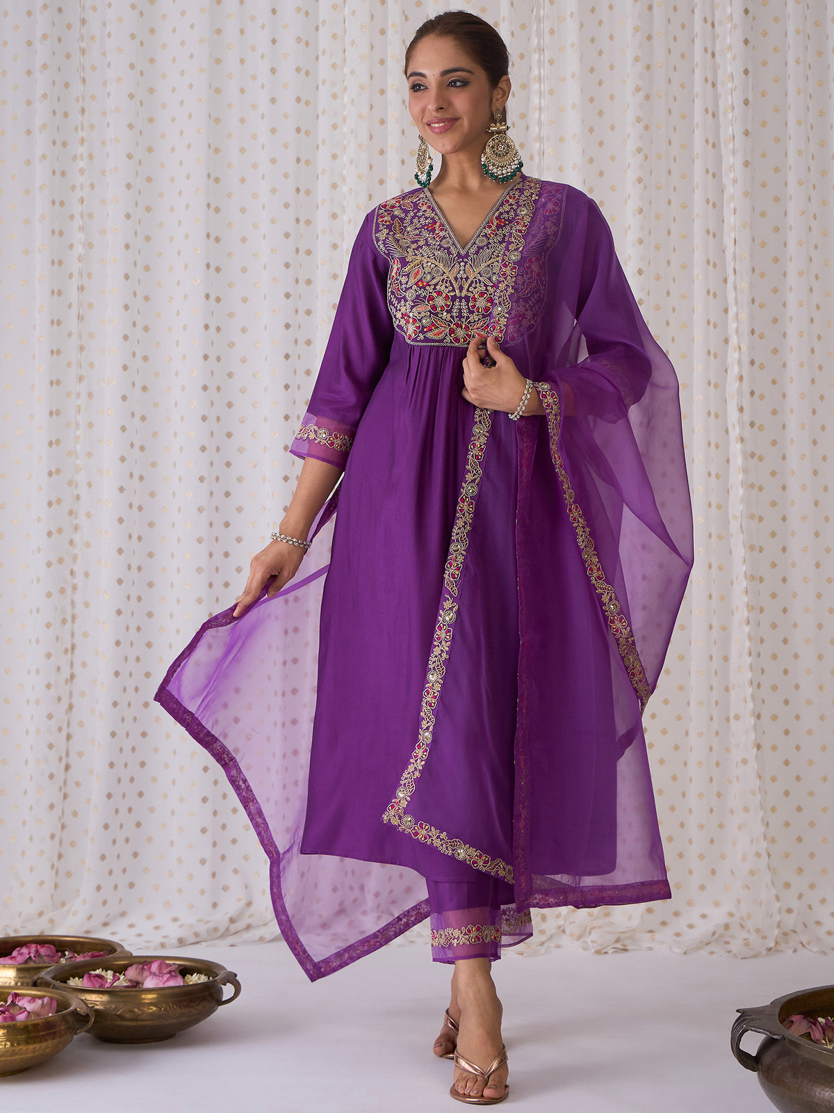 Purple Embroidered A-Line Kurta Trousers With Dupatta Set