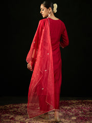 Red Embroidered Straight Kurta Trousers With Dupatta Set