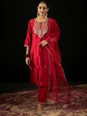Red Embroidered Straight Kurta Trousers With Dupatta Set