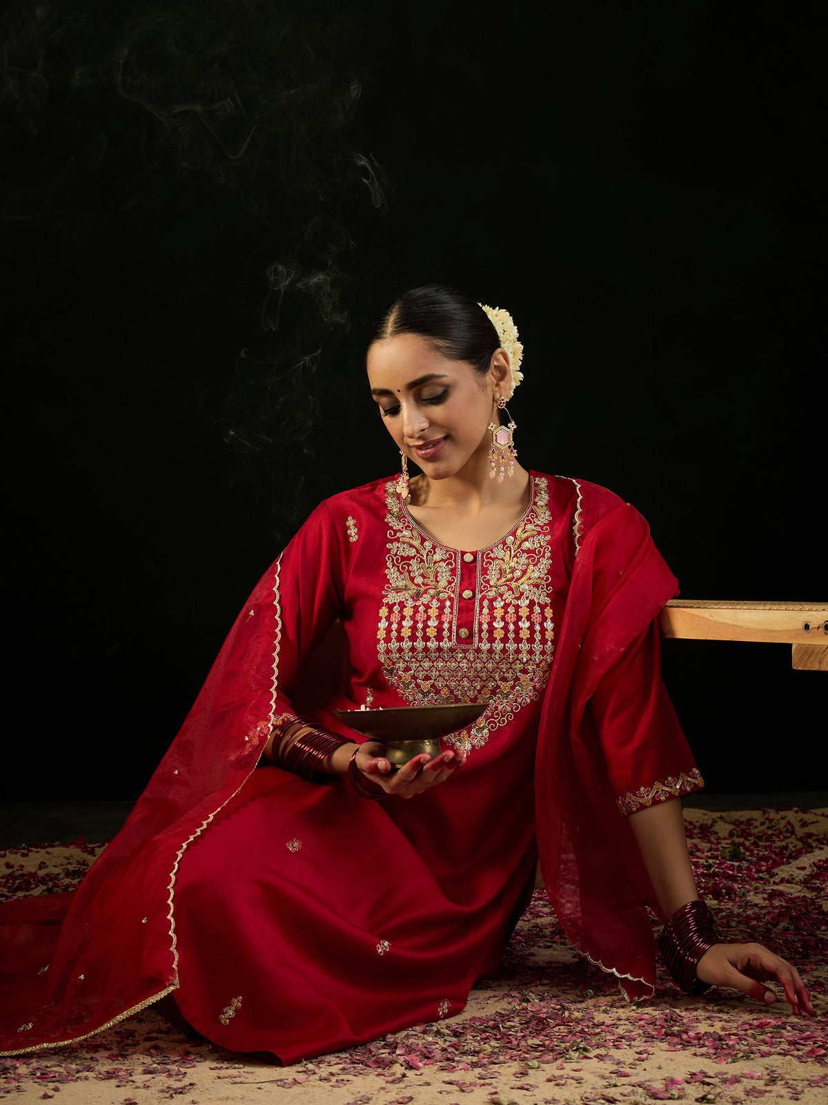 Red Embroidered Straight Kurta Trousers With Dupatta Set