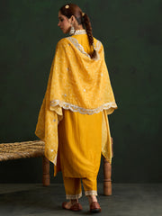 Mustard Embroidered Straight Kurta Trousers With Dupatta Set