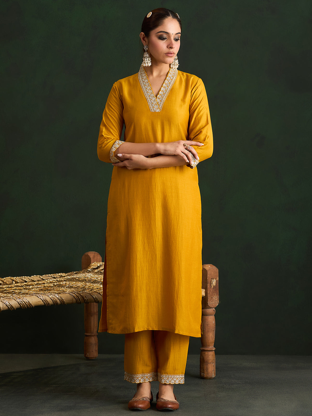 Mustard Embroidered Straight Kurta Trousers With Dupatta Set