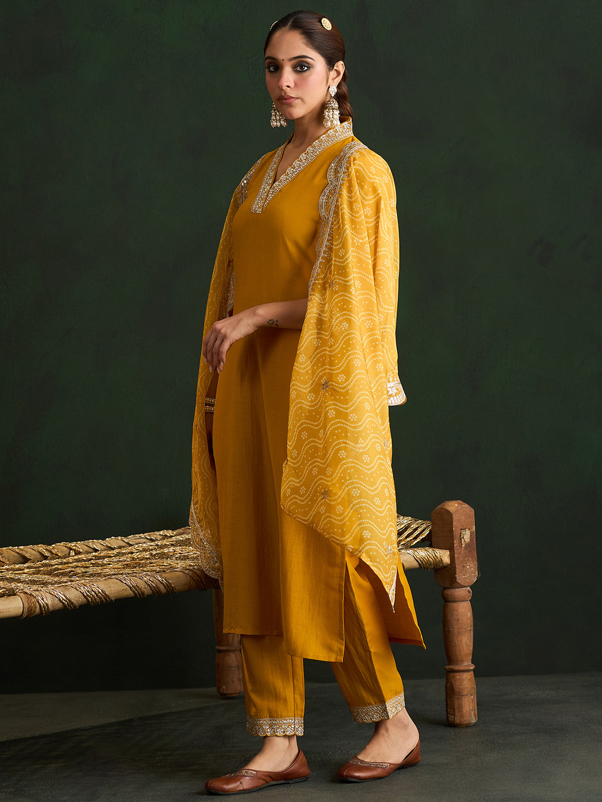 Mustard Embroidered Straight Kurta Trousers With Dupatta Set