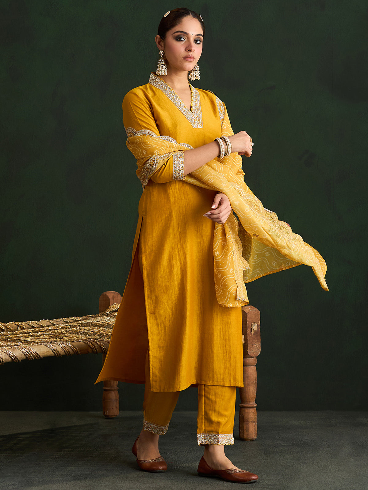 Mustard Embroidered Straight Kurta Trousers With Dupatta Set