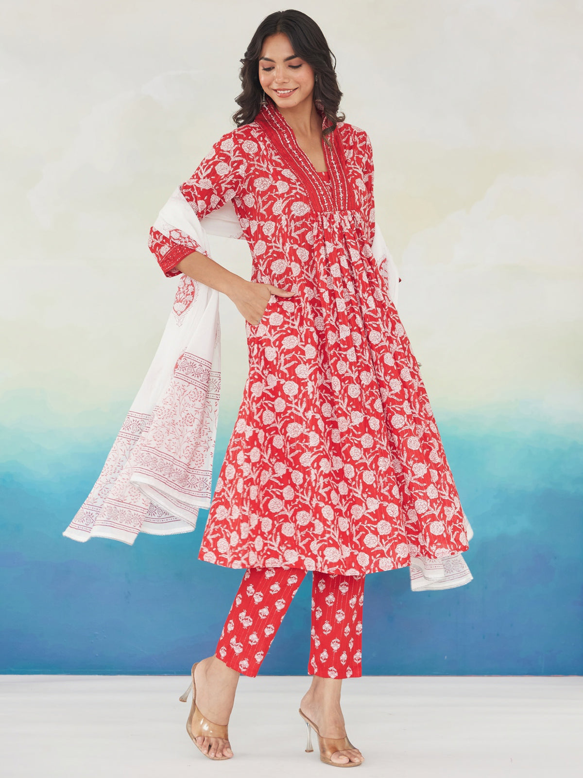 Red Printed A-Line Kurta Trousers With Dupatta Set