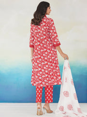 Red Printed A-Line Kurta Trousers With Dupatta Set