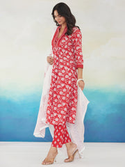 Red Printed A-Line Kurta Trousers With Dupatta Set