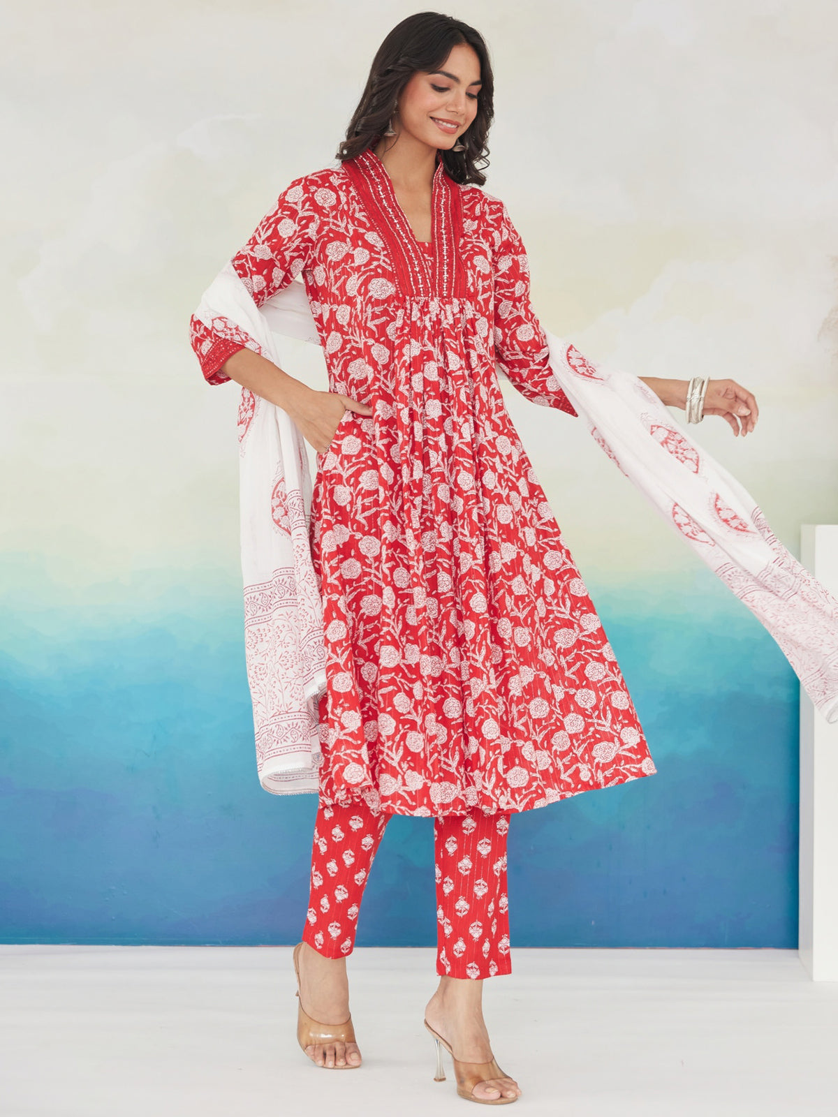 Red Printed A-Line Kurta Trousers With Dupatta Set