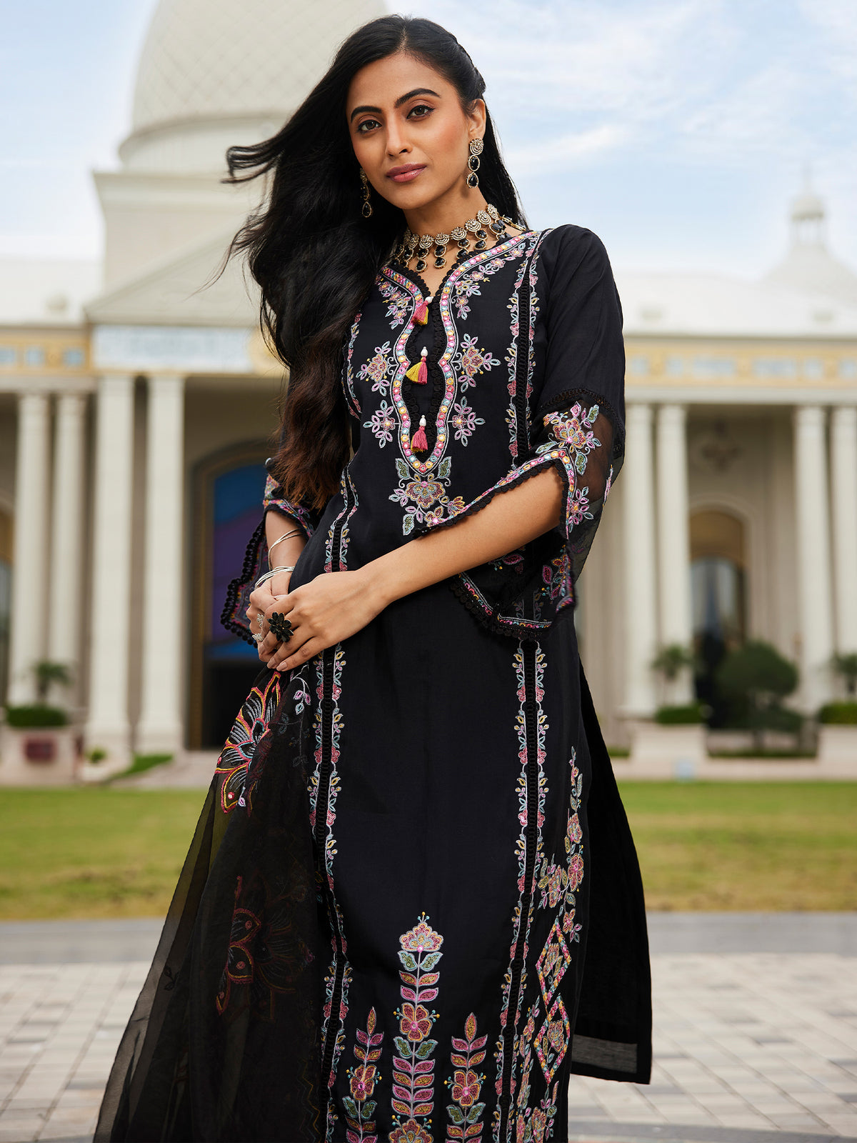 Black Embroidered A-Line Kurta Trousers With Dupatta Set