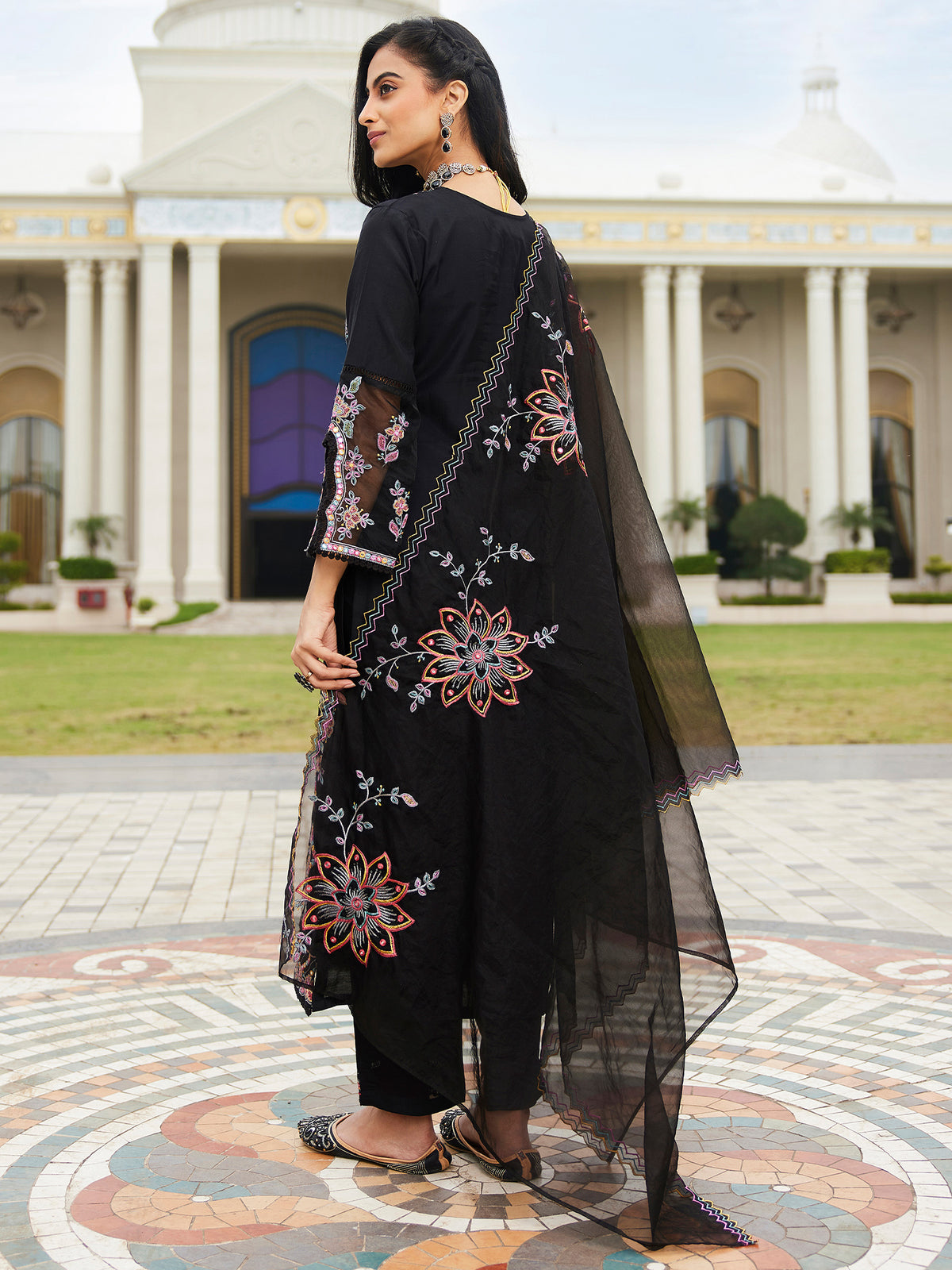 Black Embroidered A-Line Kurta Trousers With Dupatta Set