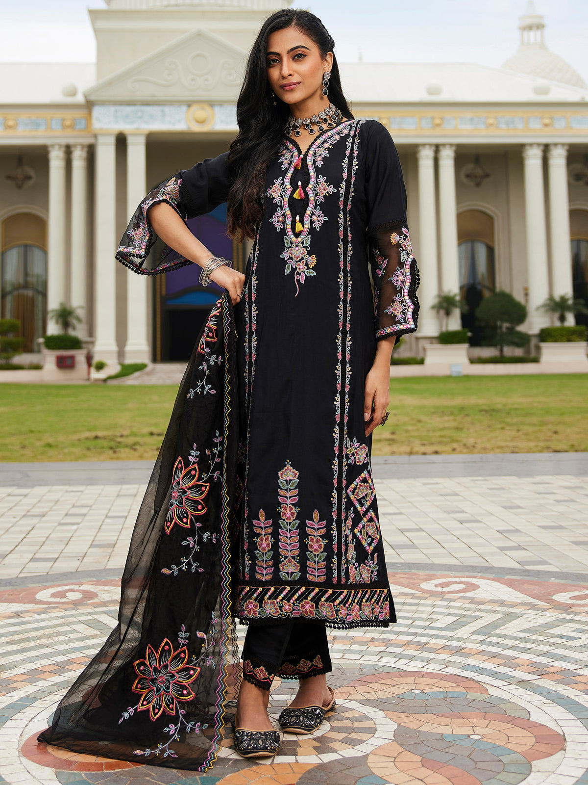 Black Embroidered A-Line Kurta Trousers With Dupatta Set