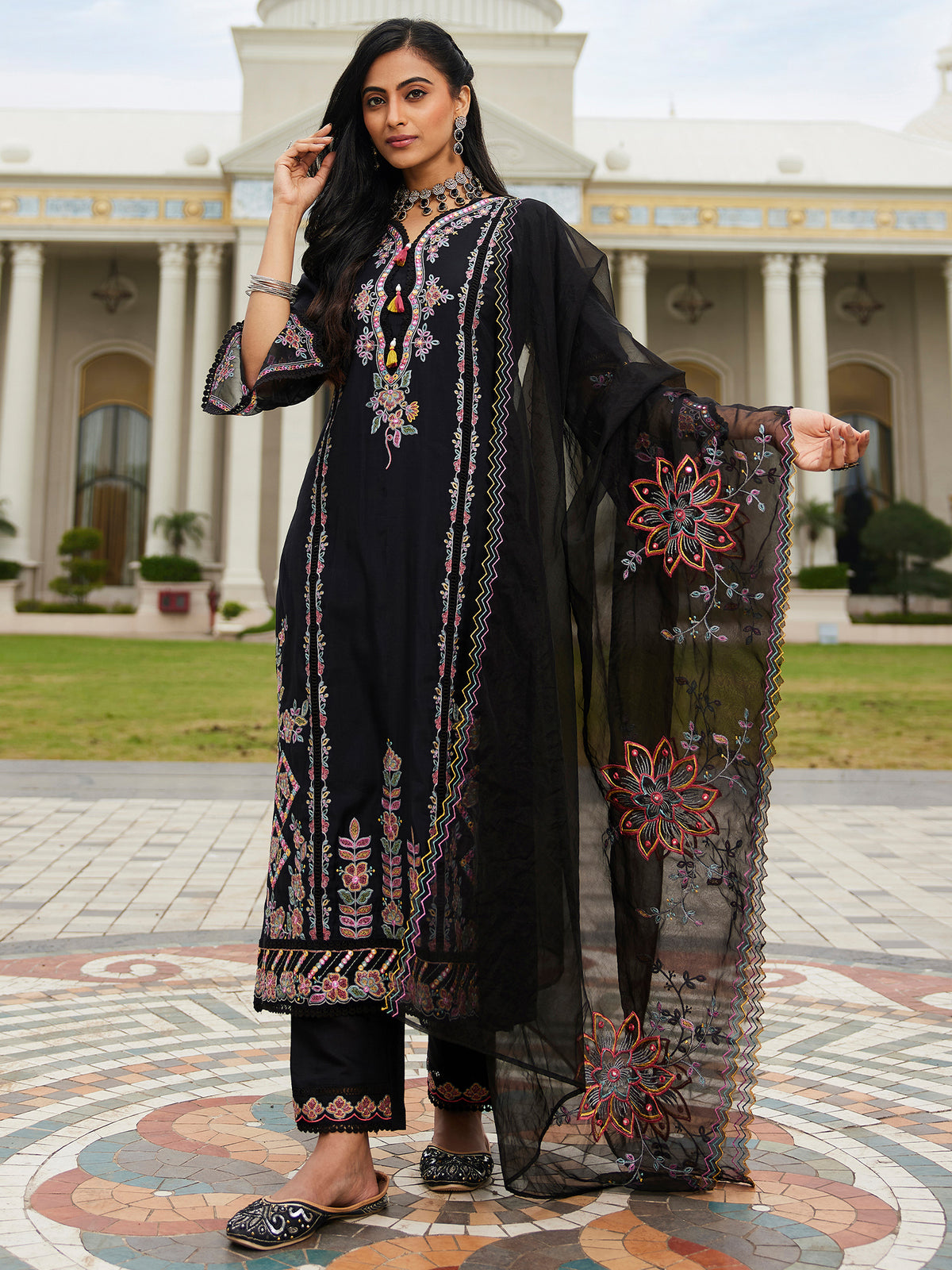 Black Embroidered A-Line Kurta Trousers With Dupatta Set