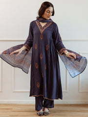 Blue Embroidered Straight Kurta Trousers With Dupatta Set