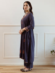 Blue Embroidered Straight Kurta Trousers With Dupatta Set