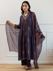Blue Embroidered Straight Kurta Trousers With Dupatta Set