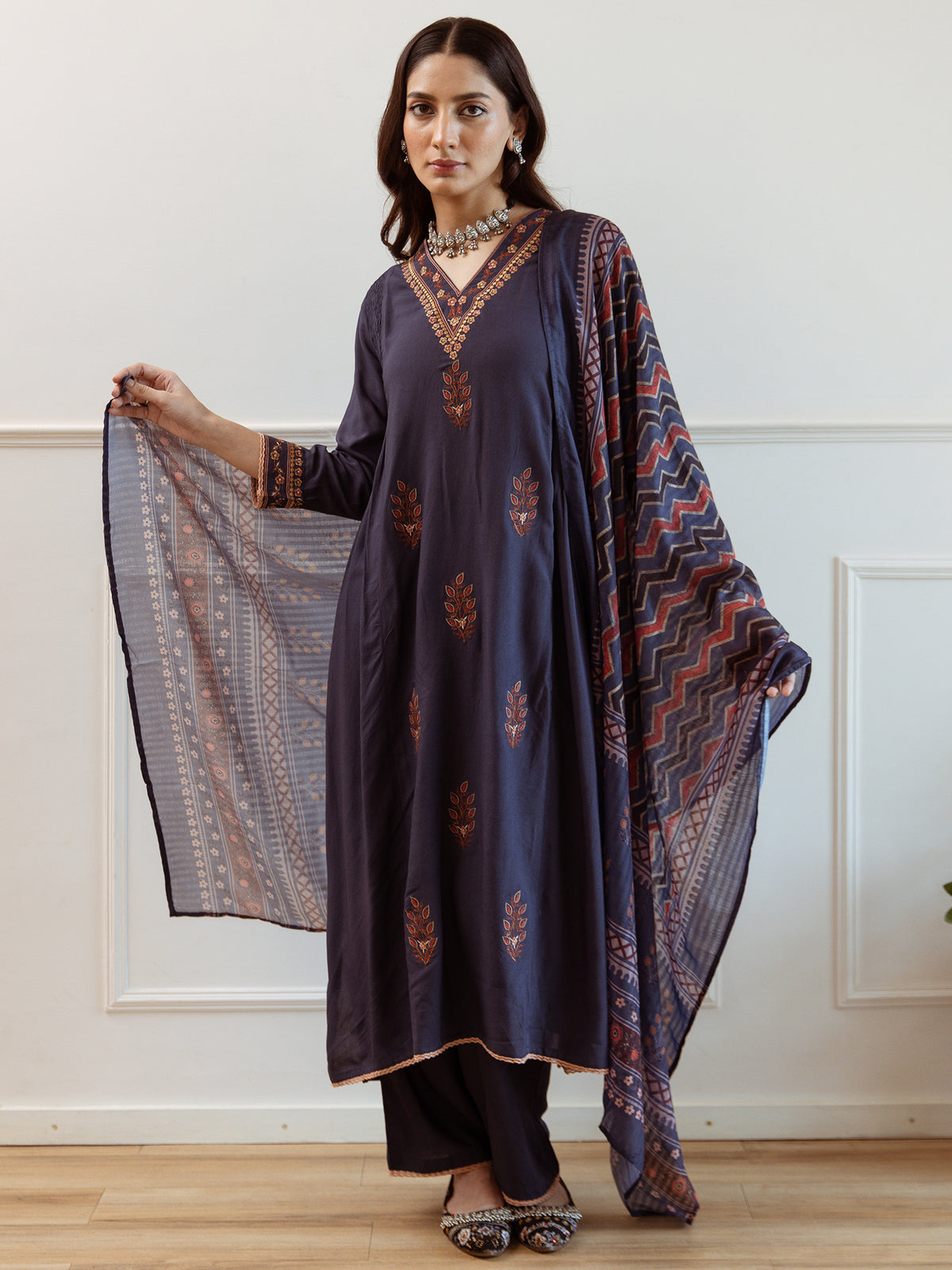 Blue Embroidered Straight Kurta Trousers With Dupatta Set
