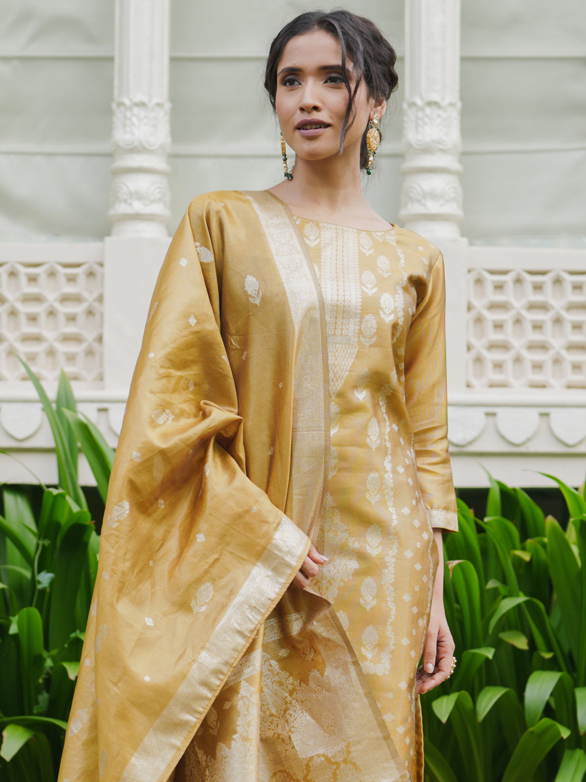 Mustard Woven Design Straight Kurta Trousers With Dupatta Set