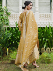 Mustard Woven Design Straight Kurta Trousers With Dupatta Set