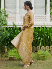 Mustard Woven Design Straight Kurta Trousers With Dupatta Set