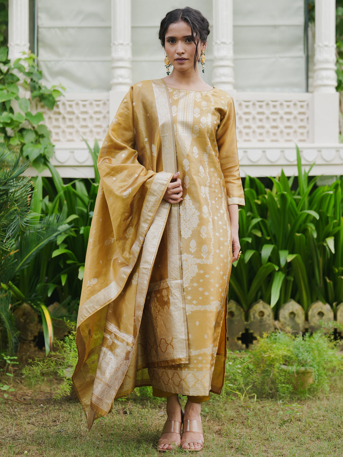 Mustard Woven Design Straight Kurta Trousers With Dupatta Set