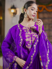 Purple Embroidered Straight Kurta Trousers With Dupatta Set