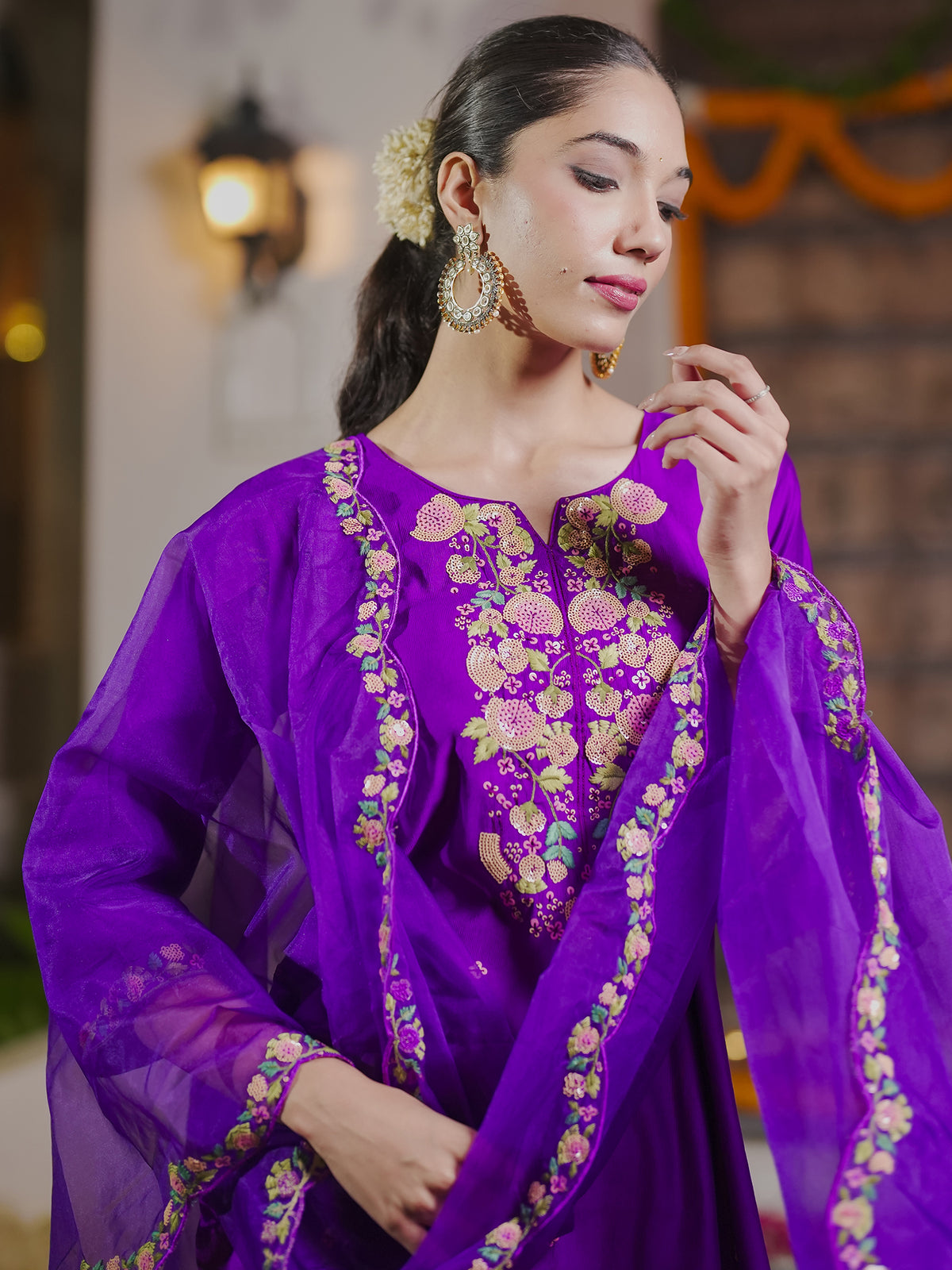 Purple Embroidered Straight Kurta Trousers With Dupatta Set