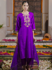 Purple Embroidered Straight Kurta Trousers With Dupatta Set